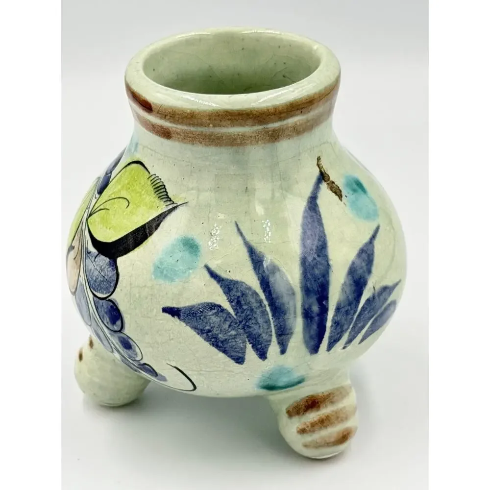 Vintage Mexican Folk Art Tonala Pottery Tripod Vase Decor